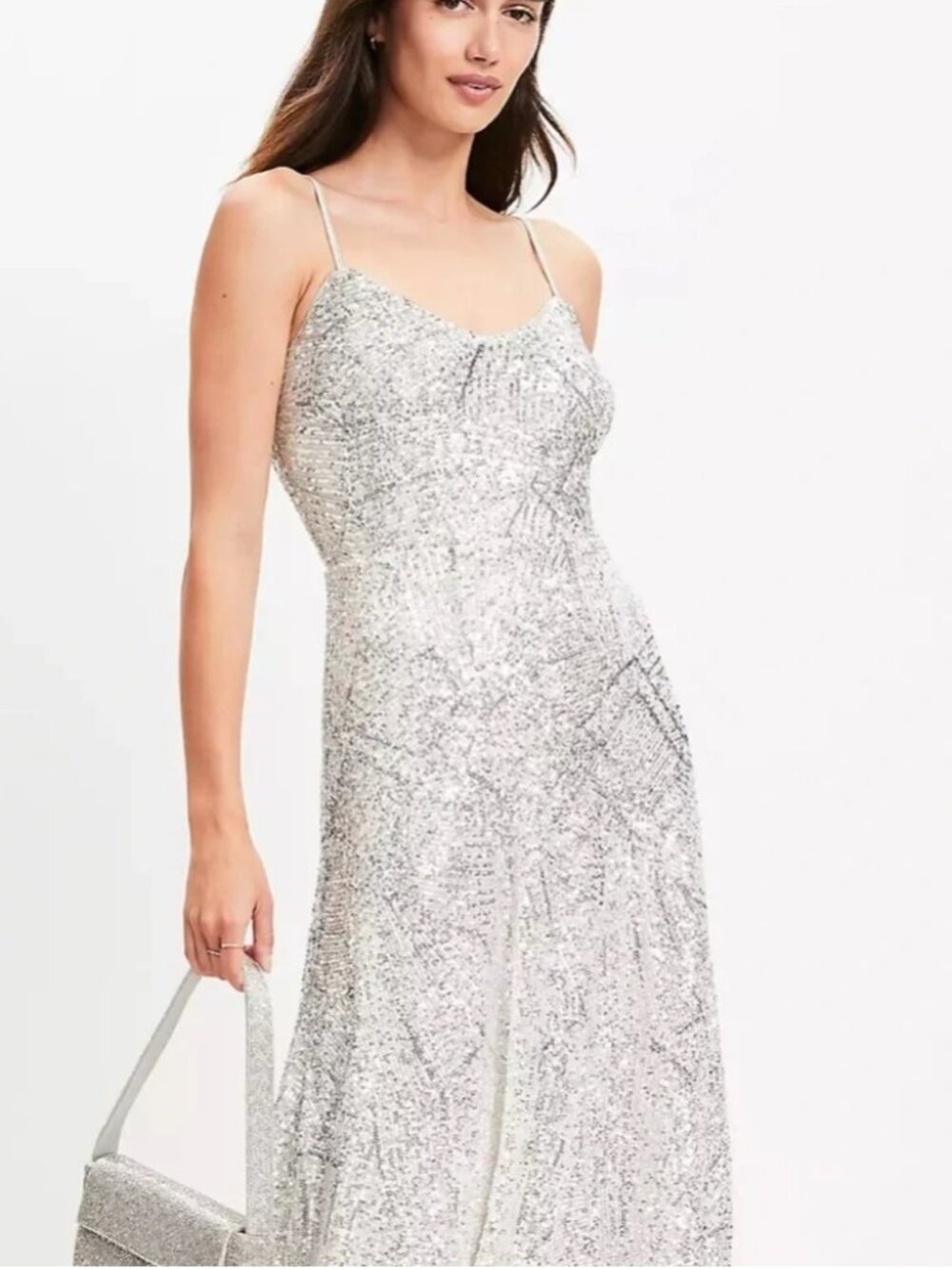 NWT Loft Silver Sequin Midi Slip Dress With Spaghetti Straps 6